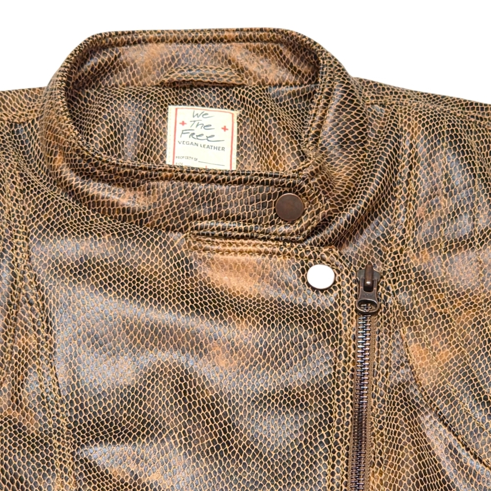 Free People Fenix Snakeskin Moto Jacket Brown Faux Leather Biker L NWOT - Picture 6 of 16